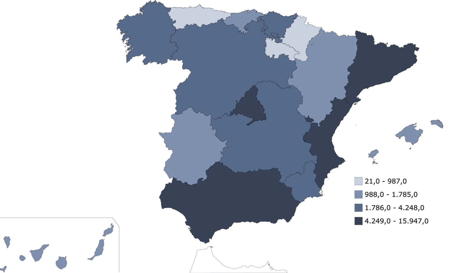 Mapa de España con la distribución de robos con fuerza en domicilios por comunidad autónoma en 2025